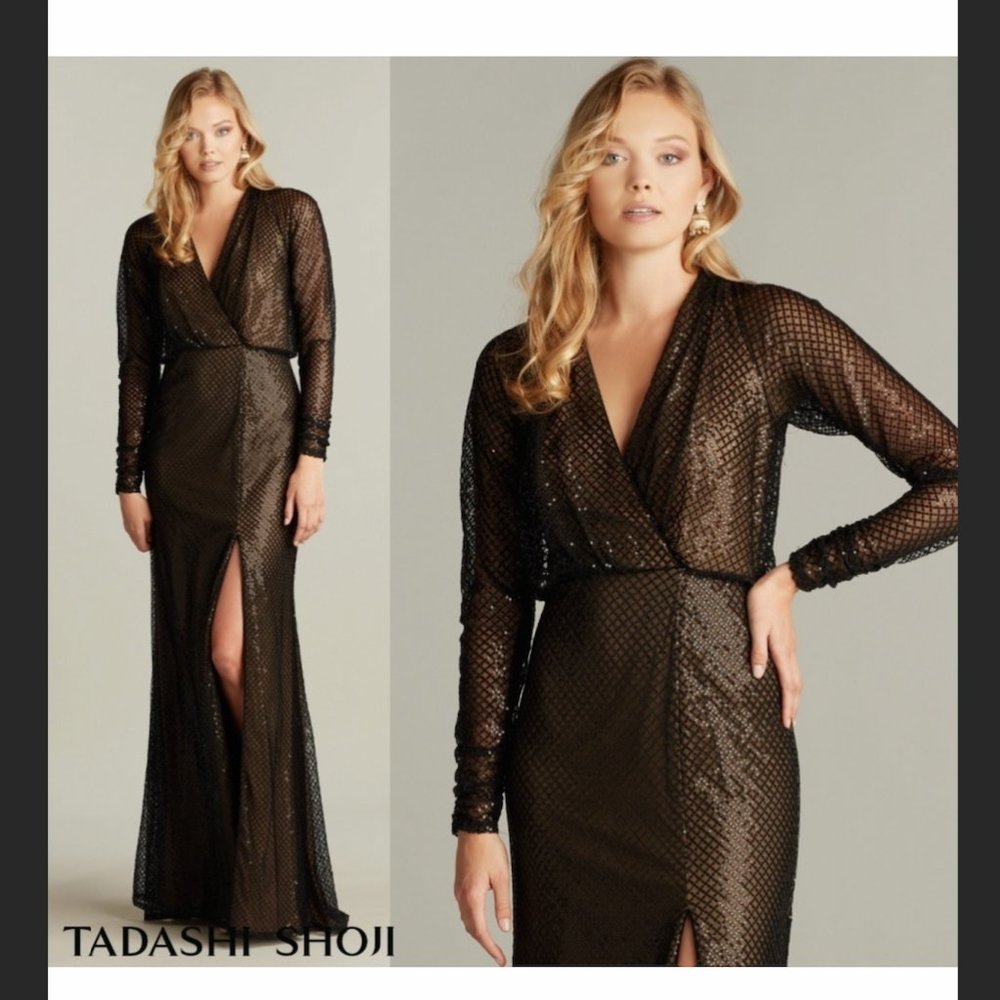 NWT Tadashi Shoji Samira Black/Nude Sequin gown - Size 14